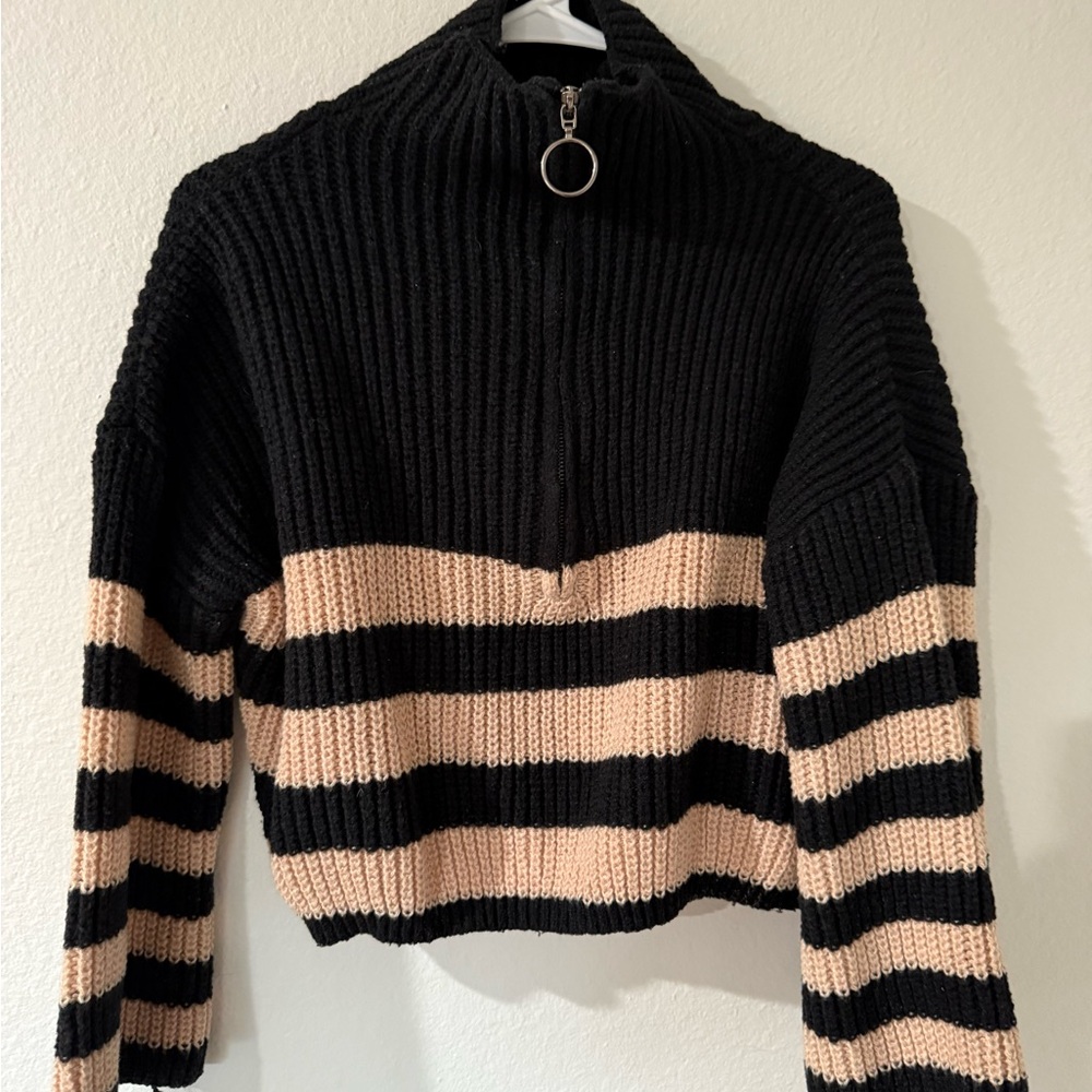 Elegant Black and Cream Striped Women's Turtleneck Sweater